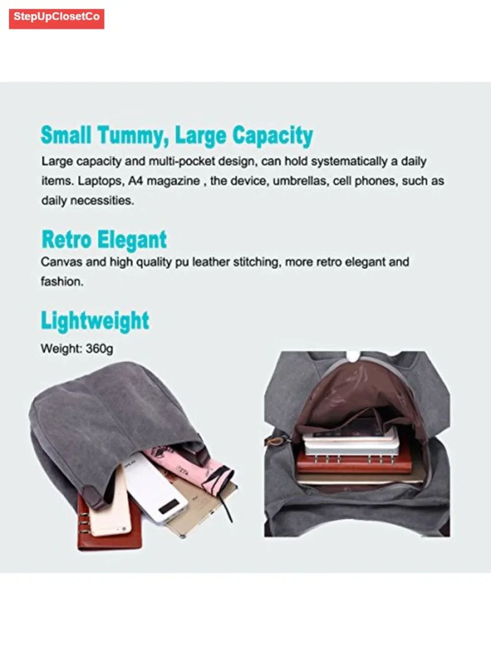 Canvas Multi-Pocket Hobo Bag with Magnetic Closure and Zipper, Shoulder Bag